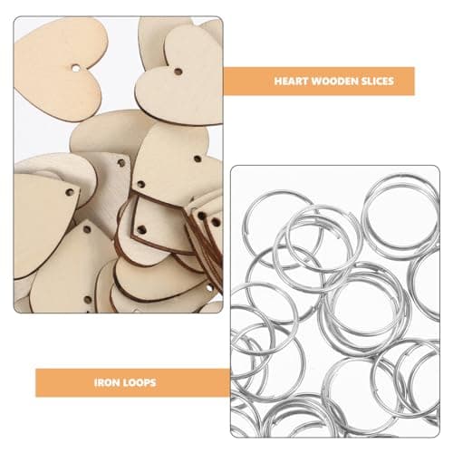 VORCOOL 50pcs Coeur en Bois Tranche de Bois avec Trous et 50pcs Anneaux Boucles de Fer
