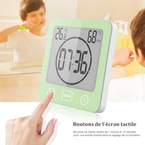 Horloge de Salle de Bain, Horloge de Douche Contrôle Tactile étanche, Alarme Numérique LCD, Thermomètre Hygromètre, Minuterie de Compte à Rebours, Alimenté par Pile, pour Maquillage Cuisine (Vert)