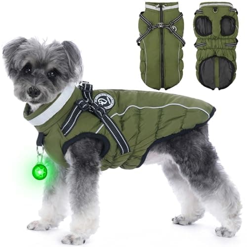 HezzLuv Manteaux d'hiver pour Chiens, Manteau Chien Imperméable, Manteau Chien avec Harnais, Bandes Réfléchissantes, Collier à LED, Vestes d'hiver pour Petits et Moyens Chiens (Vert, Taille XL)