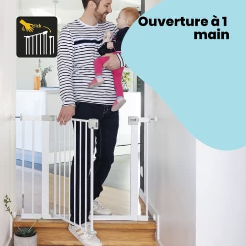 Safety 1st Auto Close Gate, Barrière de sécurité enfant Safety 1st, 73-80 cm (max. 136 cm), Barrière escalier enfant à pression, Ouverture d'une main, Sans vis ni perçage, Double verrouillage, Blanc