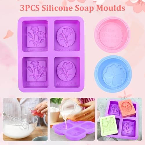 3 Moule à Savon En Silicone, Œillet Moule Rectangulaire Silicone, Antiadhésif Moule à Rond Savon Réutilisable, 4 Cavités Moule à Savon Carré pour Bougies Gâteaux Fait Maison Artisanat