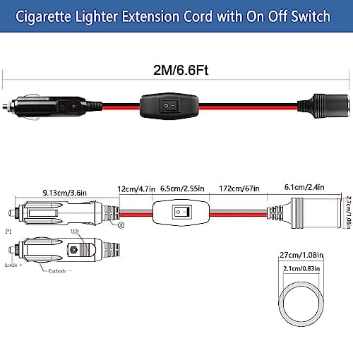 GELRHONR Rallonge Allume-Cigare de Voiture 12v avec Interrupteur Marche/arrêt, Prise de câble Adaptateur Allume-Cigare de Voiture Prise mâle à Femelle avec fusible 25a 12AWG (2M/6.6Ft)