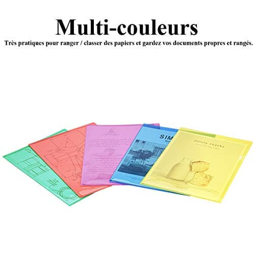 ZCZN 42 Pcs Pochette Plastique A4, Chemises à coin Pochette Document 6 Couleurs Vives Transparent Plastique Sous Chemises Rigide pour Ranger et Classer Papiers, Documents, etc - 31 * 22 cm