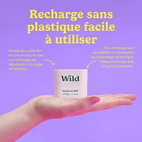 Wild - Déodorant Naturel Rechargeable - Sans Aluminium - Etui Violet avec Lot Varié de Recharge (3 x 40g) - Comprend Fresh Cotton & Sea Salt, Jasmine & Mandarin et Coconut & Vanilla - Végan