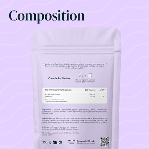 Acide Hyaluronique Pur, 60 Gélules Vegan, Action Anti-Âge + Anti-Rides, 800-900 kDa, Cure de 1 mois, Hydratation de la Peau, Avec Vitamine C, Fabriqué en France, Essentials by NOVOMA