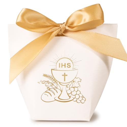 24Pcs Boîte Dragée Sachet Bonbon Ballotin Cadeau Blanc pour Fête Baptême Communion Confirmation Mariage avec Ruban (Graal)