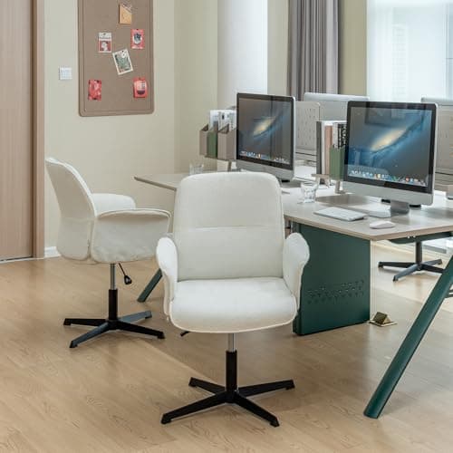Meuble Cosy Fauteuil de Bureau Chaise de Coiffeuse Ergonomique Siège Pivotant Hauteur Réglable avec Accoudoir en Bouclette sans roulettes Jambes Croisées Capacité 120 kg Blanc
