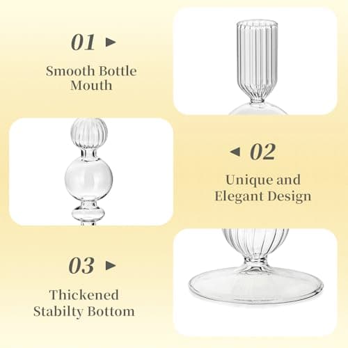 Bougeoir en Verre Hewory Bougies en bâton Décoration : Bougeoir à Bougie en Verre Transparent Bougies en Verre pour Le Salon, Le Mariage et la fête - Lot de 3
