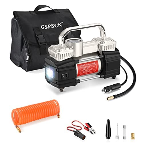 GSPSCN Argent Compresseur d'air portatif Pompe Voiture, Gonflage pneus Voiture portable à double cylindre 12V robuste 150PSI Gonfleur de pneu Heavy Duty Electrique Voiture, SUV, camping-car, balles