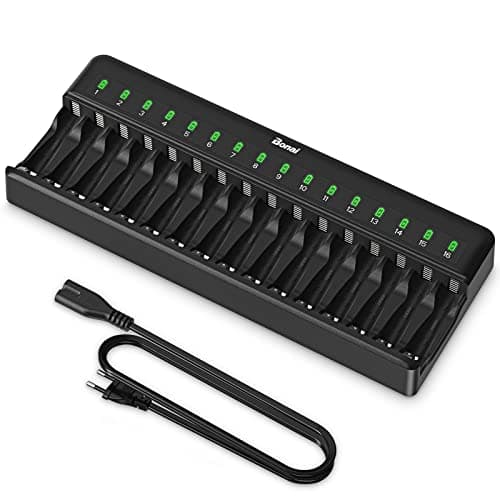 BONAI Chargeur Piles Rechargeable Rapide, 16 Slots Rechargeable Chargeur Piles pour AA AAA Ni-MH Ni-CD avec lumière LED et Câble de Charge AC, Contrôle Indépendant, Chargeurs intelligents