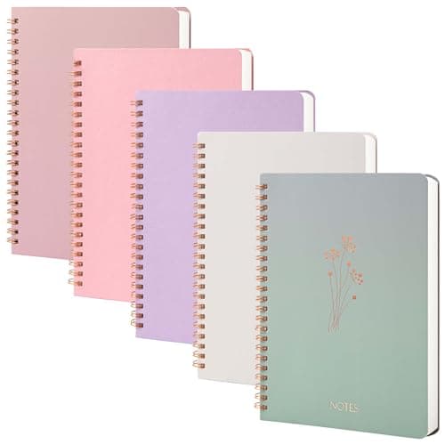 MGGAO Lot de 5 carnets à spirales A5 avec motif marbré et floral, papier épais 100 g/m2, journal ligné de 8 mm, journal à spirale pour étude et notes
