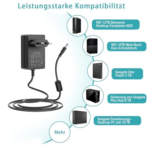 Alimentation Switch 12V Adaptateur 12V 2A Compatible avec Seagate Freeagent Goflex WD Western Digital My Book Essential HDD Disque Dur Externe numérique WD My Cloud Cordon d’Alimentation