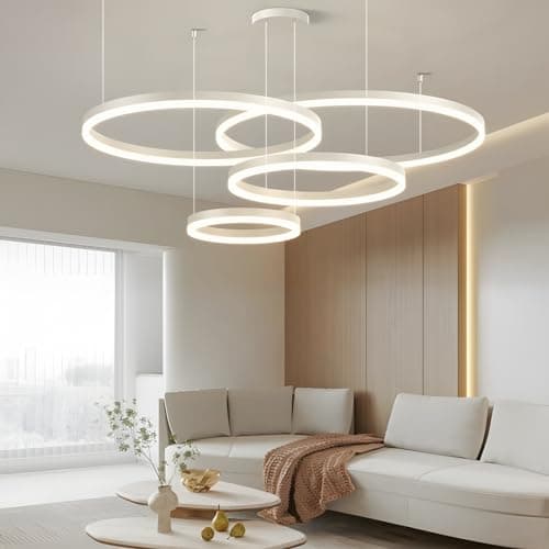 YYUTLUO Lustre LED Moderne DIY Cercle | 4 Blanc Anneaux :40+60+80+100cm=120W | Éclairage Suspendu LED Métal+Acrylique Télécommande Intensité Variable 2,4G Lampe Suspendue Plafond Ronde Salon