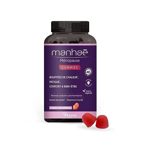 Manhaé - Ménopause Gummies - Complément alimentaire ménopause sans hormones - Bouffées de chaleur, fatigue, bien-être - Pollen BIO, Vitamine E, Vitamine B2-60 gummies saveur fruits rouges - 1 mois