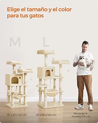 Feandrea Arbre à Chat Hauteur 112 cm, Tour de Jeux pour Chat, avec 11 Poteaux à Griffer, 2 Plateformes, 1 Niche, 1 Hamac, 2 Pompons, en Tissu Peluche, Plusieurs Niveaux, Beige PCT215M01