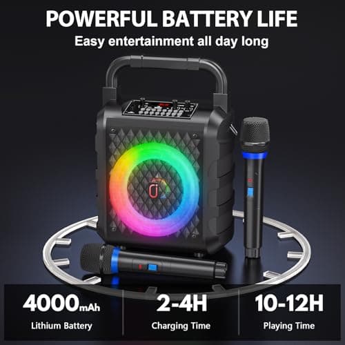 HWWR Caisses karaoké avec 2 Microphones sans Fil, karaoké Professionnel Portable Bluetooth avec lumières LED, Eco/TF/USB, AUX, pour Les fêtes et Les Adultes, Cadeau pour Les Amis et la Famille
