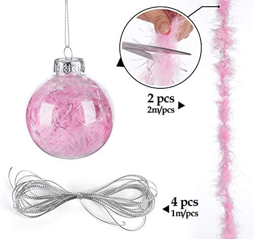 ilauke 12 Boules de Noël en Plastique Transparent à Remplir,8cm Boule Noel Transparente avec 2m Plume Rose+2m Corde,Ronde Acrylique Remplissable Boule pour Arbre de Noël Décoration Intérieur Extérieur