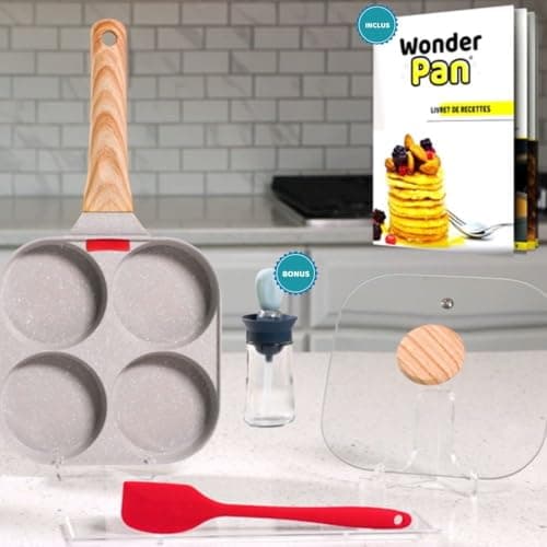 MYBO TV WONDER PAN Poêle 4 Compartiments - Antiadhésive - Tous Feux Dont Induction - Couvercle en Verre - Spatule en Silicone (Spatule+Couvercle+Livre+Doseur huile)