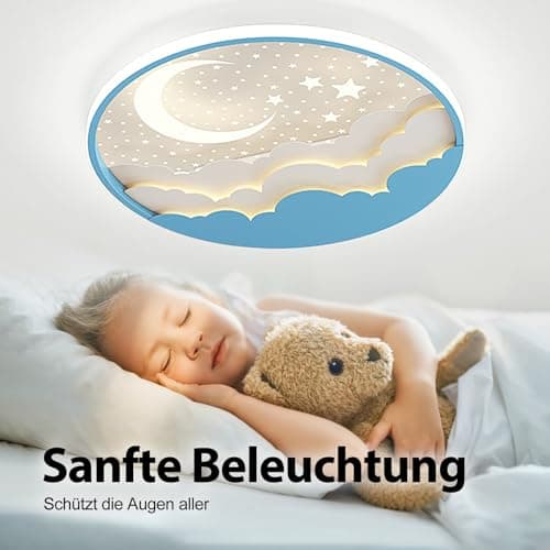 Plafonnier LED Chambre Enfant, Moderne Créative Étoile Et Lune Lampe De Plafond, Lampe Plafond avec Dimmable Télécommande 3000-6000K, Garçons Et Filles Chambre Enfants Lumière Éclairage, Bleu
