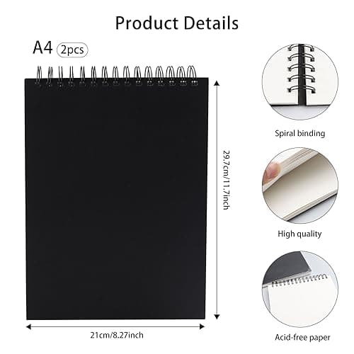 2 Pièces Carnet de Croquis A4, Carnet de Croquis Relié en Spirale, Cahier de Dessin avec Panneau Dur Durable, Cahier Feuille Blanche pour Paysages, Peintures D’artistes, Aquarelles (Noir)