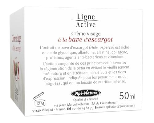 Crème Bave Escargot Visage 50 ml | Crème Anti Rides Femme | Avec Collagène Et Acide Hyaluronique | Anti-Âge, Anti-Taches | Ligne Active Api-Nature (50 ml, Crème Bave d'escargot)