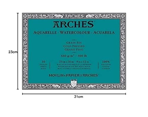 ARCHES Aquarelle - Bloc 10 feuilles 23x31 collé 4 côtés - 640g/m2 - grain satiné, blanc naturel, 4 bords francs
