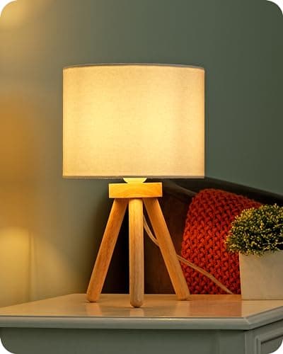 EDISHINE Lampe de Chevet en Bois à Trépied, Abat-jour en Lin, E27 Ampoule LED Incluse, 2700K Blanc Chaud, Lampe de Table Moderne pour Chambre à Coucher, Salon, Bureau, Hôtel, Blanc