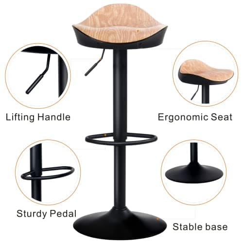 YOUNIKE Tabouret de Bar Noir Chaise Haute de Bar, Hauteur Réglable et Pivotant 360° Tabouret Design Siège en Grain de Bois, Tabouret pour Bar Cuisine et Comptoir Lot de 2