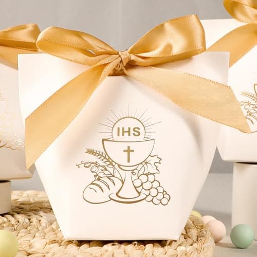 24Pcs Boîte Dragée Sachet Bonbon Ballotin Cadeau Blanc pour Fête Baptême Communion Confirmation Mariage avec Ruban (Graal)
