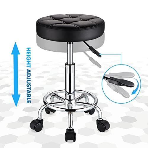 HMTOT Tabouret Rond pivotant à roulettes en Cuir synthétique avec Assise réglable en Hauteur Noir