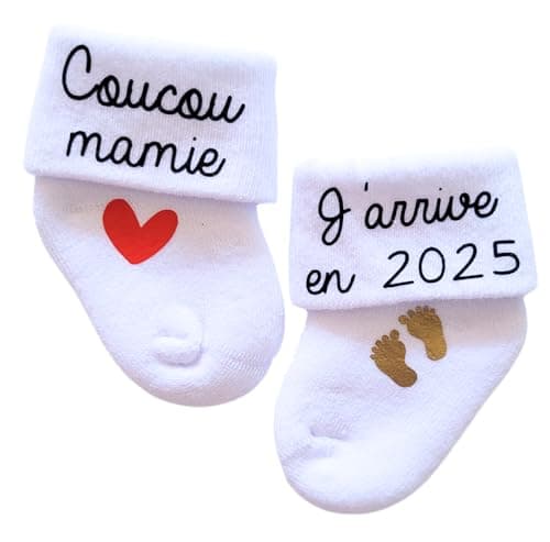 Chaussettes d'annonce de grossesse pour bébé - thème coucou j'arrive en 2025 (coucou mamie)