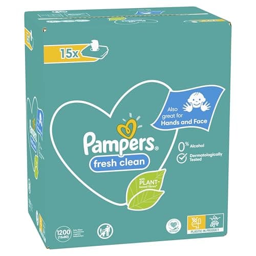 Pampers Fresh Clean, 1200 Lingettes pour Bébé (15x80), Sans Alcool, Aussi Pour Les Mains Et Le Visage
