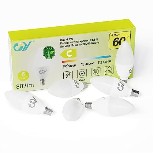 GY Ampoule LED E14 4,9W (équivalent 60W), 807 lumens 3000K Blanc Chaud, C37 Ampoule E14 Efficacité Energétique, E14 LED Non-Dimmable, Lot de 6