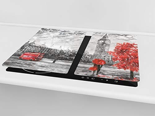 Couvre-cuisinière à induction – Planche de cuisine en verre trempé – Couvre-plaques de cuisson – UNE PIÈCE (60x52 cm) ou DEUX PIÈCES (30x52 cm chacune); D13 Série D'art: Big Ben rouge