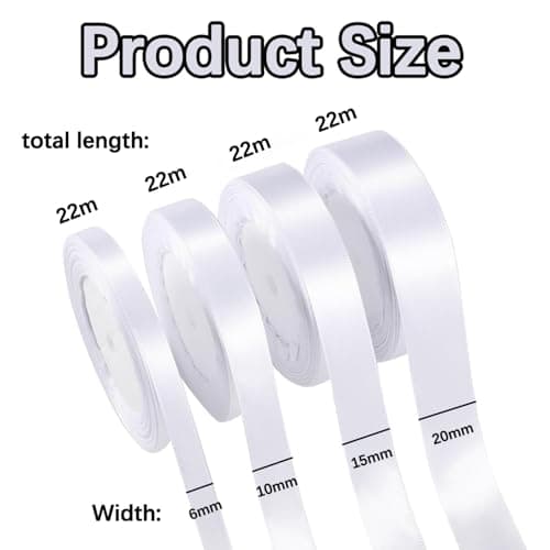 Lot de 8 rubans de satin blancs - 6/10/15/20 mm - Pour mariage, fête, cadeau, décoration de mariage (22 m par rouleau)