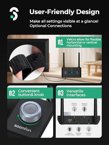 SOOMFON Emetteur Recepteur Bluetooth 5.3, 3 en 1 Adaptateur Bluetooth TV, Transmetteur Audio Bluetooth Double Connexion Longue Portée 30 m, Emetteur Bluetooth pour TV/Casques/Systèmes Audio etc