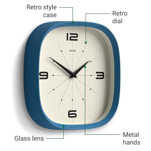 JONES CLOCKS® Horloge Murale Pulsar | Horloge rétro carrée Arrondie | 25 cm | Bleu | Look de Designer Cool pour Cuisine, Salon ou Bureau