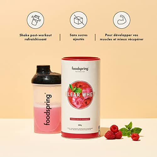 foodspring Clear Whey, Mojito Framboise, 480g, Shake protéiné léger et rafraîchissant de Whey Isolate premium.