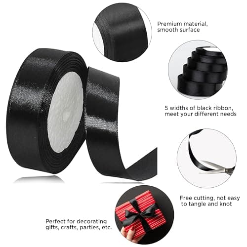Roosea 5Pcs x 22M Ruban Noir Ruban Satin Ruban de Tissu Couture Ruban Cadeau Emballage Ruban Rouleau Ruban En Polyester Noir pour Maison Emballage Gâteau Coffrets 6mm 10mm 15mm 20mm 25mm