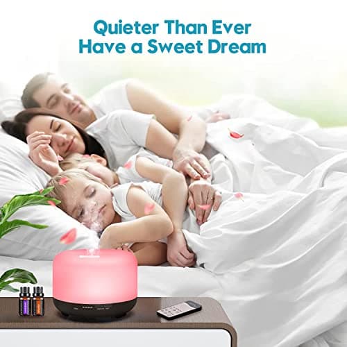 LONID 500ml Diffuseur d'Huile Essentielle, Ultrasonique Diffuseur Huiles Essentielles, Humidificateur d'air lumières 7 Colorées,Arrêt Automatique 4 Timing, Spa, Yoga, Massage,Apaisant (Noir)
