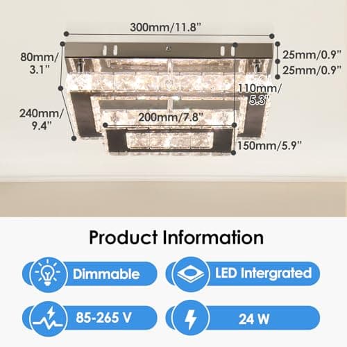 Finktonglan Plafonnier LED en cristal Lampe de plafond rectangulaire moderne K9 en acier inoxydable lustre encastré pour salon chambre à coucher salle à manger (dimmable)