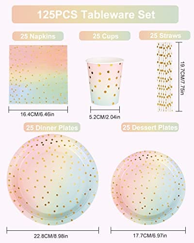 Vaisselle Jetable Anniversaire Pastel, 125 Pièces Vaisselle Jetable Decoration Anniversaire Set Comprendre Assiettes en Papier, Serviettes, Paille, Tasses pour Douche Nuptiale, Fiançailles, Mariage