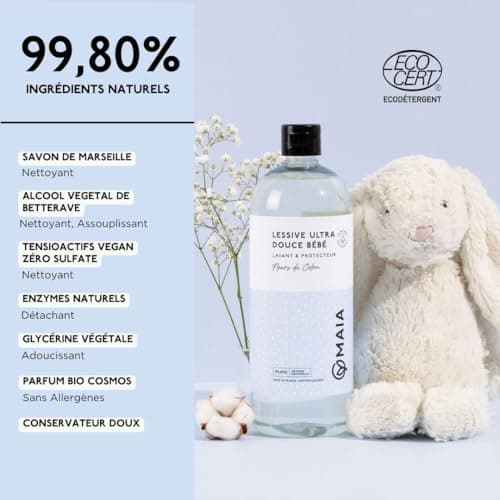 MAIA - Lessive Bio Bébé & Peaux Sensibles Fleurs de Coton 1L - 33 lavages - Lavage Bébé - Ingrédients Naturels - Parfum Sans Allergène - Efficacité Prouvée - Formule Éco-Responsable