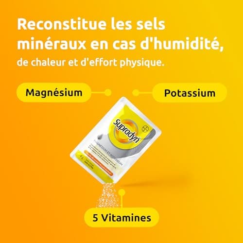 Supradyn Magnésium et Potassium Complément Alimentaire Multivitaminé avec Vitamines B, C et Minéraux, Soutien contre la fatigue, pour les athlètes, 60 Sachets Effervescents Sans Sucre, Goût Orange
