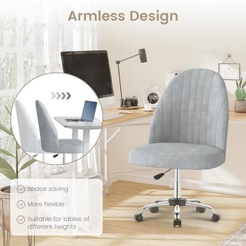 naspaluro Chaise de Bureau, Chaise de Coiffeuse en Velours, Chaise de Chambre sans Bras avec roulettes, Chaise de Bureau à Domicile, Chaise Souple Réglable en Hauteur pour La Chambre à Coucher,Gris