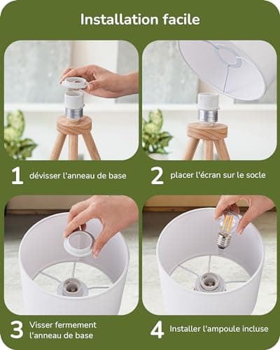 EDISHINE Lampe de Chevet en Bois à Trépied, Abat-jour en Lin, E27 Ampoule LED Incluse, 2700K Blanc Chaud, Lampe de Table Moderne pour Chambre à Coucher, Salon, Bureau, Hôtel, Blanc