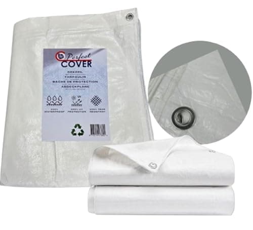 Perfect Cover Bâche imperméable avec œillets, en tissu, pour sol, tapis de tente pour camping et jardin extérieur, disponible en plusieurs tailles et couleurs, 12 x 15 m, 180 m2, 150 g/m2, blanc