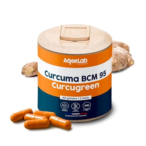 Curcuma ultra dosé • Qualité maximale : BCM95® Curcugreen® • Meilleure biodisponibilité : x700% • 2 mois • Digestion & Articulation • Made in France • AqeeLab Nutrition : la marque écoresponsable