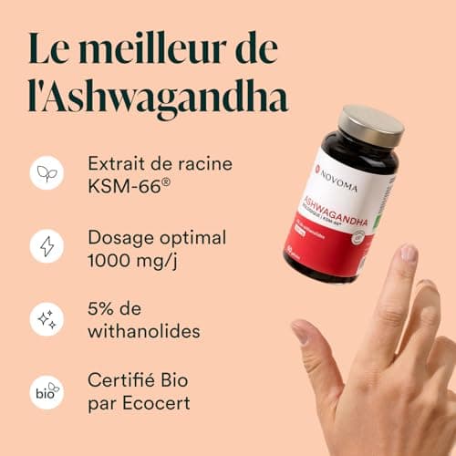 NOVOMA Ashwagandha KSM-66® 1000 mg, Anti-stress & Sommeil, 5% de Withanolides, 60 Gélules Vegan, Fabriqué en France