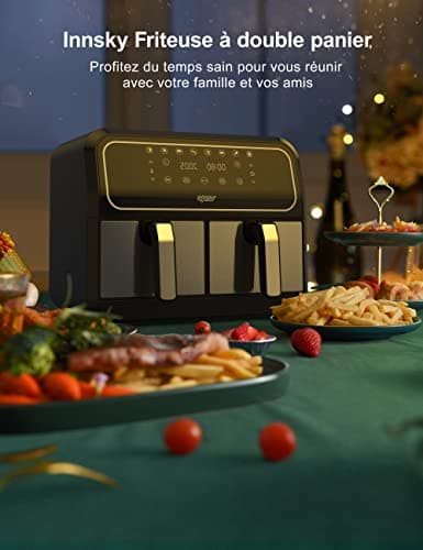 Innsky Friteuse Sans Huile Dual Zone, 8L Air Fryer avec 8 Programmes, Friteuse à Air XXL avec Double Panier, Airfryer Écran Tactile LED, Recettes Françaises
